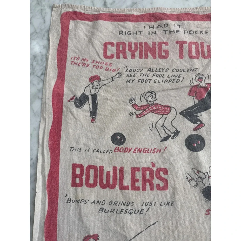 Vintage Bowlers Crying Towel Novelty Bowling Excuses Humorous Tea Towel Red